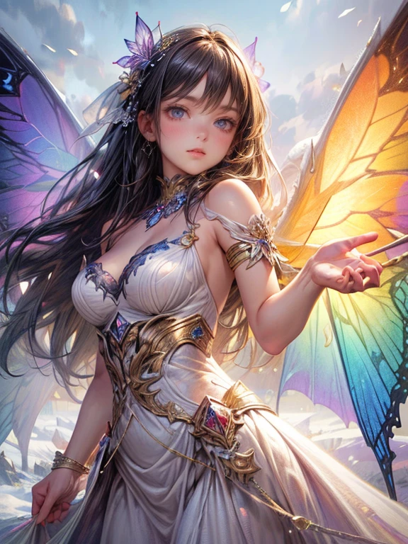 (masterpiece:1.2. 8k, best quality,highres, ultra-detailed, photorealistic:1.37),cute girl, sparkling eyes, shining lips, white dress, rainbow butterfly wings,standing in the snow,cute girl in a beautiful dress, beautiful fantasy, fantasy artwork, charming girl, highres art, beautiful art, 2.5D CGI fantasy artwork, extremely detailed art gem, dynamic posing:1.2, 