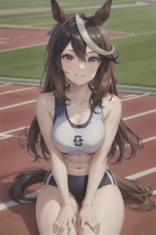 symboli rudolf \(umamusume\), ((ultra-detailed face)), symmetrical face, beautiful face, (masterpiece), best quality, muscle, abs, horse tail, large tits, smile, athletics track, sports bra, hand between legs, stadium