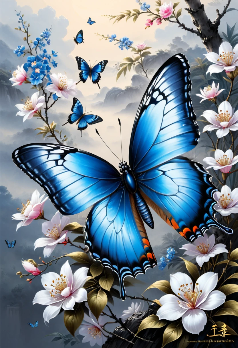 blue butterfly, (masterpiece, best quality, Professional, perfect composition, very aesthetic, absurdres, ultra-detailed, intricate details:1.3), by Song Huizong Zhao Ji