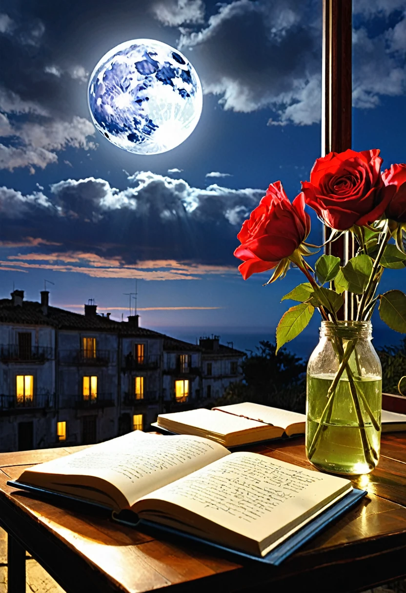 En la imagen, You can see a landscape that reflects the melancholy and emotional intensity of the poem. Es de noche, con una luna brillante en el cielo. En primer plano, hay un escritorio o una mesa al aire libre, illuminated by a soft lamp that casts a warm light on an open notebook. Sobre el cuaderno, se ven palabras escritas a mano con tinta, representando los versos del "Poema 20" de Pablo Neruda.Junto al cuaderno, hay una rosa roja delicadamente colocada, simbolizando el amor apasionado descrito en el poema. The atmosphere is intimate and reflective, invitando a contemplar las emociones profundas expresadas en las palabras del poeta. The setting is serene and evokes a feeling of nostalgia and romanticism.