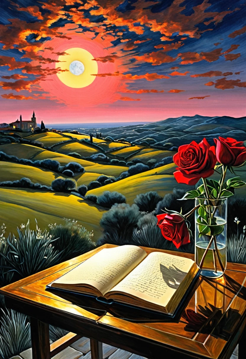 En la imagen, You can see a landscape that reflects the melancholy and emotional intensity of the poem. Es de noche, con una luna brillante en el cielo. En primer plano, hay un escritorio o una mesa al aire libre, illuminated by a soft lamp that casts a warm light on an open notebook. Sobre el cuaderno, se ven palabras escritas a mano con tinta, representando los versos del "Poema 20" de Pablo Neruda.Junto al cuaderno, hay una rosa roja delicadamente colocada, simbolizando el amor apasionado descrito en el poema. The atmosphere is intimate and reflective, invitando a contemplar las emociones profundas expresadas en las palabras del poeta. The setting is serene and evokes a feeling of nostalgia and romanticism.