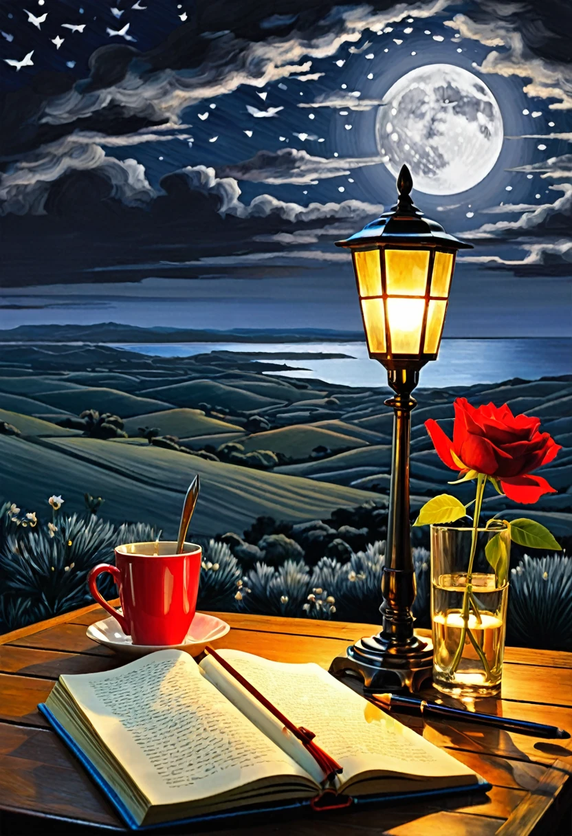 En la imagen, You can see a landscape that reflects the melancholy and emotional intensity of the poem. Es de noche, con una luna brillante en el cielo. En primer plano, hay un escritorio o una mesa al aire libre, illuminated by a soft lamp that casts a warm light on an open notebook. Sobre el cuaderno, se ven palabras escritas a mano con tinta, representando los versos del "Poema 20" de Pablo Neruda.Junto al cuaderno, hay una rosa roja delicadamente colocada, simbolizando el amor apasionado descrito en el poema. The atmosphere is intimate and reflective, invitando a contemplar las emociones profundas expresadas en las palabras del poeta. The setting is serene and evokes a feeling of nostalgia and romanticism.