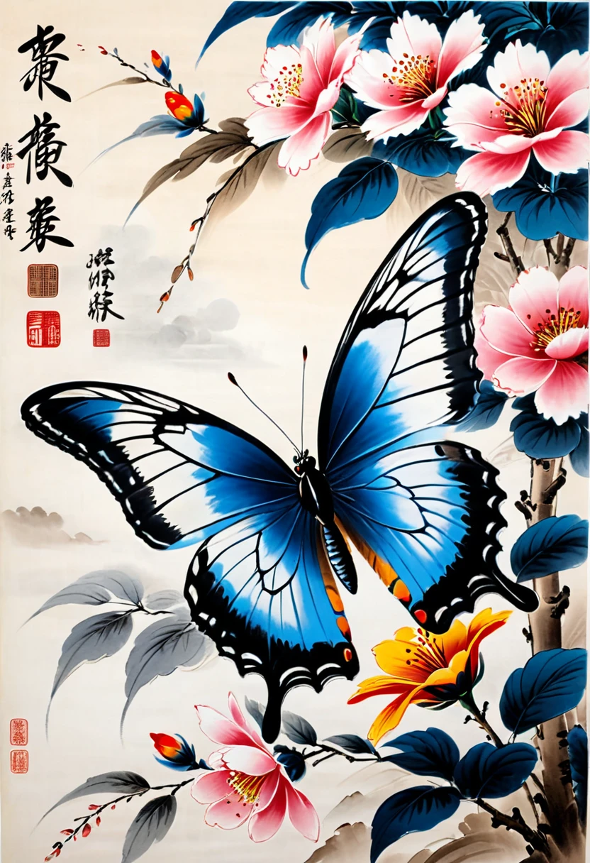 blue butterfly, (masterpiece, best quality, Professional, perfect composition, very aesthetic, absurdres, ultra-detailed, intricate details:1.3), by Qi Baishi