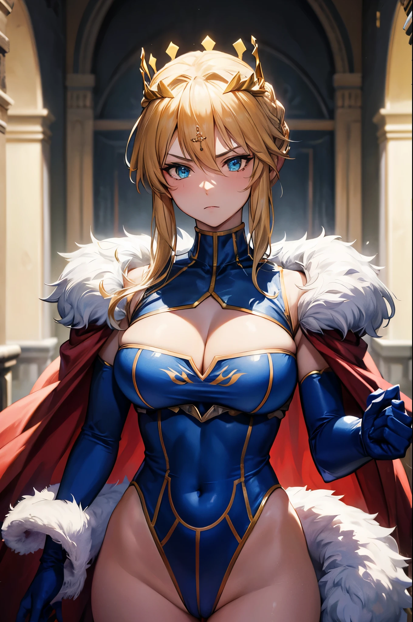 (masterpiece, best quality:1.2), expressive eyes, perfect face, highres, 1girl, solo, artoriaLancer, braid, crown, turtleneck, cleavage cutout, sleeveless, blue leotard, elbow gloves, blue thighhighs, fur trim, red cape, gauntlets, arrogant face, serious, tired eyes, inside a castle, standing, upper body portrait, looking at the viewer
