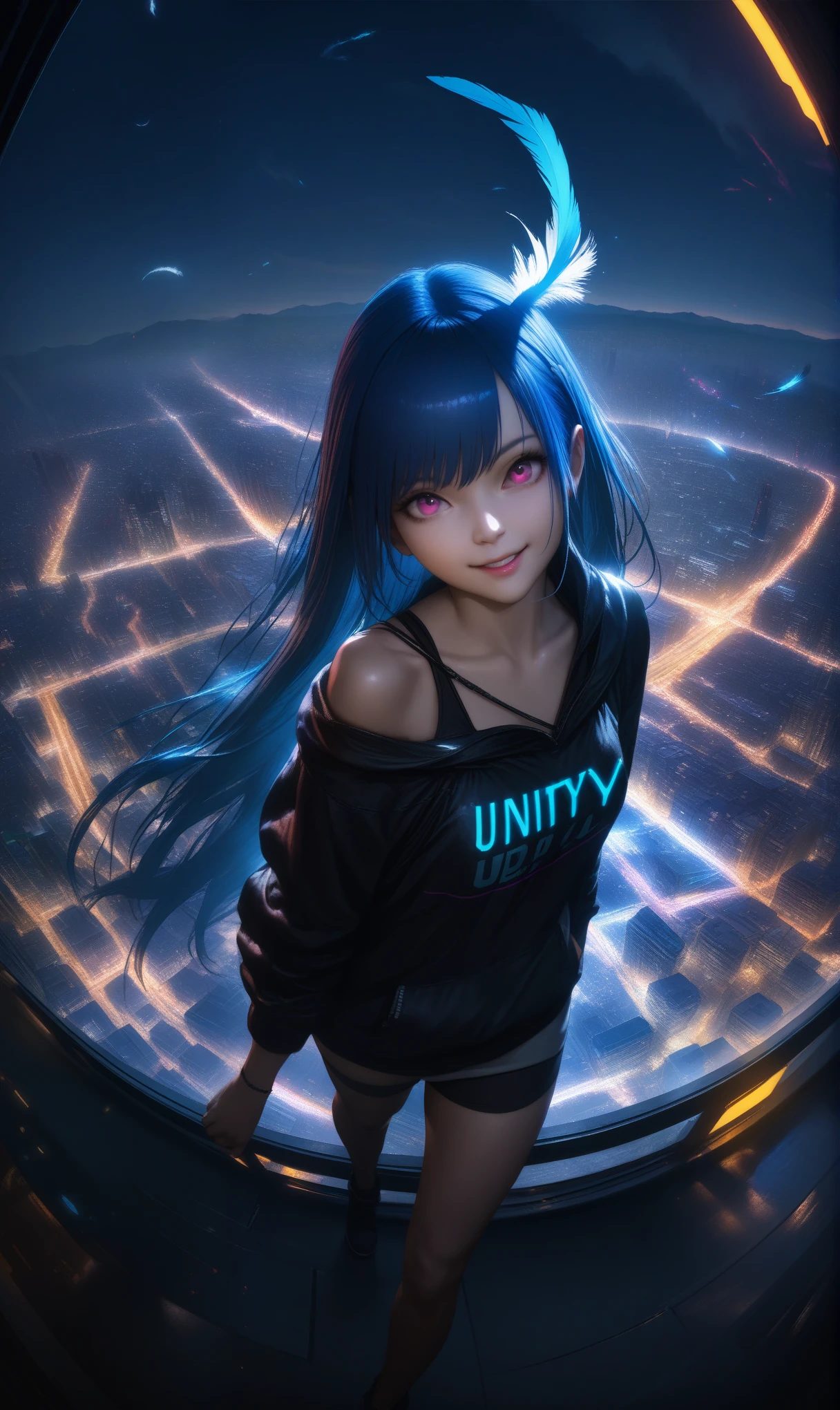 32k, best quality, ultra high res, HDR, UHD, extremely detailed CG, unity 32k wallpaper, (masutepiece), Best Quality, 超A high resolution,, Cyberpunk 1 girl flies over stunning cityscapes ,Hoodie,Blue hair, neon color流れ星, Very long hair, off shoulders, feathers hair ornament, neon color, flashes, stunning night sky, Cinematic lighting, Photorealistic, Realistic skin, Fisheye, (32k), smile,
