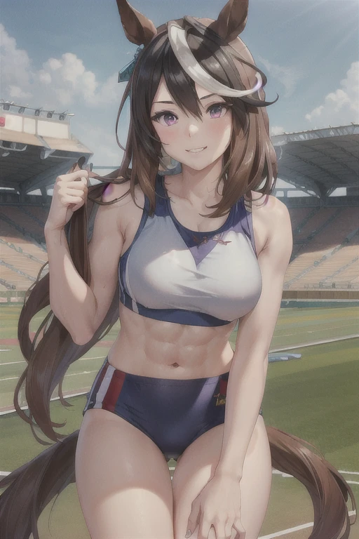 symboli rudolf \(umamusume\), ((ultra-detailed face)), symmetrical face, beautiful face, (masterpiece), best quality, muscle, abs, horse tail, large tits, smile, athletics track, sports bra, hand between legs, stadium