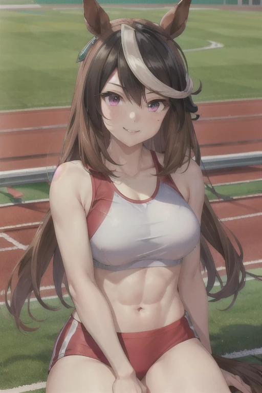 symboli rudolf \(umamusume\), ((ultra-detailed face)), symmetrical face, beautiful face, (masterpiece), best quality, muscle, abs, horse tail, large tits, smile, athletics track, sports bra, hand between legs, stadium