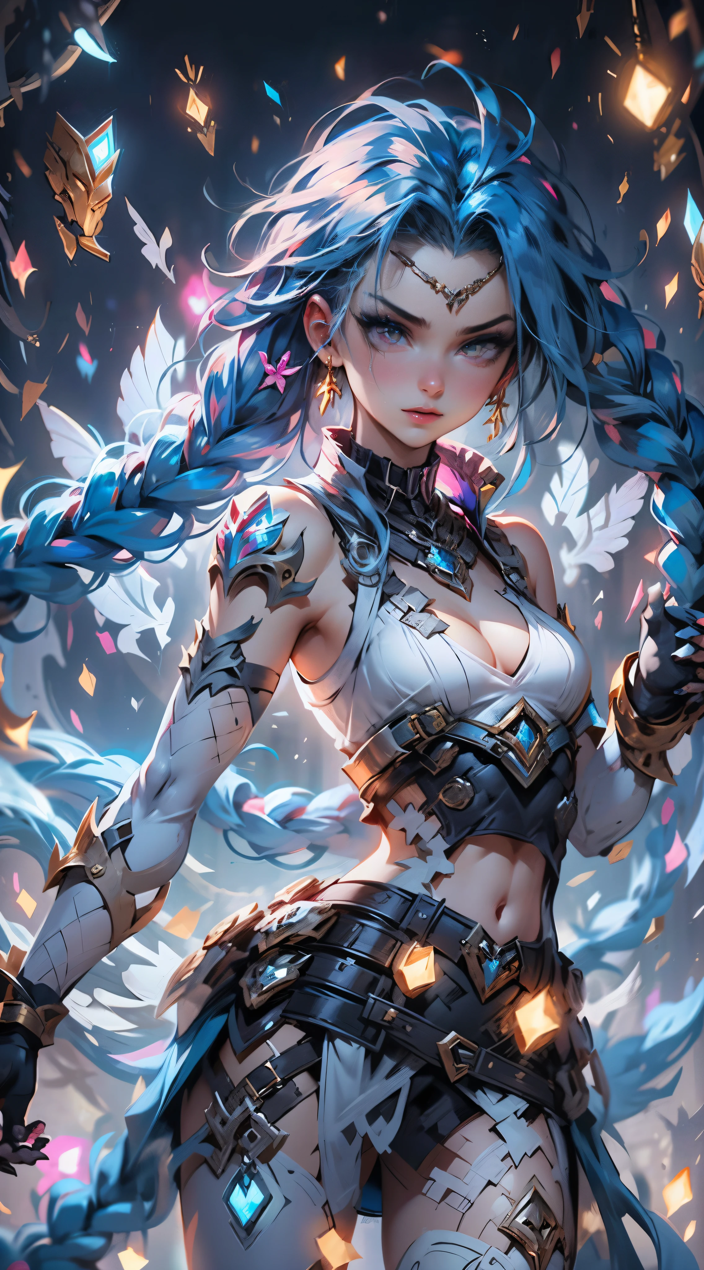 Legend league, (Jinx \(Legend leagues\), 1girl, Blue double braids, Single、Full body shot，Stand on your feet，From head to toe，The number is insignificant、White grid set、White plastic socks with thin clothes, Golden gloves、 ((Short skirts)),Wear pink tights under the skirt、 (A full body suit that does not reveal the skin), Thin, shiny clothes、White plastic ceramic full body suit、Armor ready