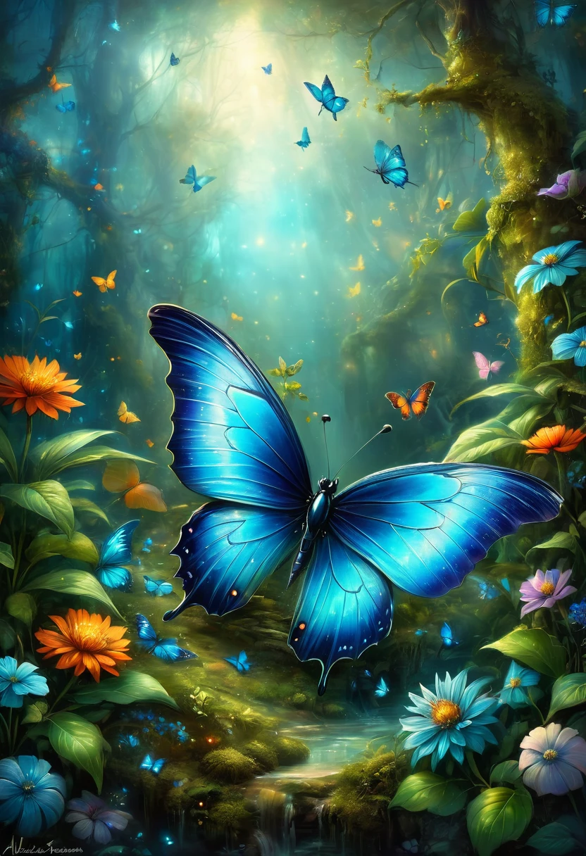 blue butterfly, by Alexander Jansson, best quality, masterpiece, very aesthetic, perfect composition, intricate details, ultra-detailed