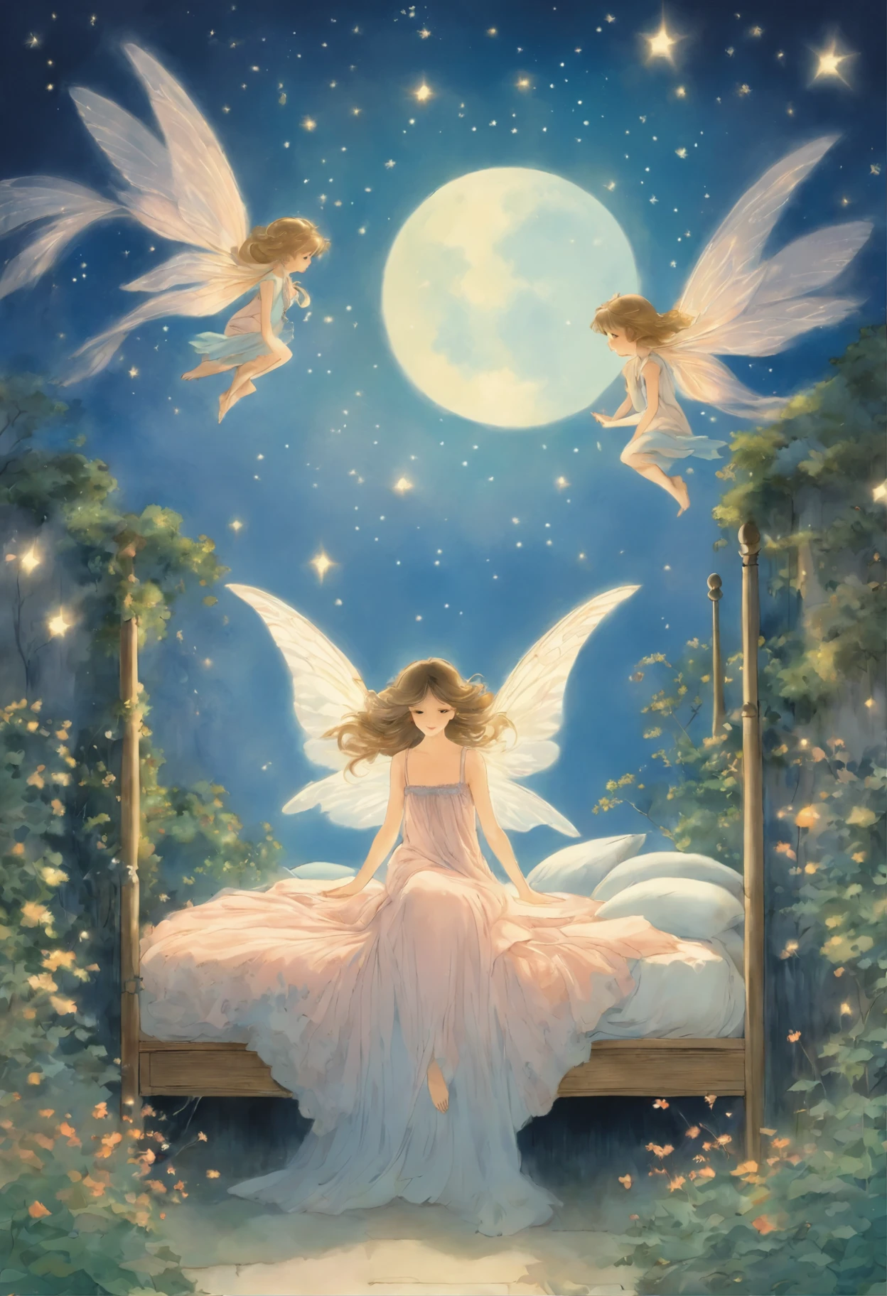 painting of a  sitting on a bed with a night sky background, by Ida Rentoul Outhwaite, flying fairies, flying angels, very magical and dreamy, fairy dust in the air, fairies, .. if only i could sleep, inspired by Ida Rentoul Outhwaite, by Ruth Sanderson, by Cicely Mary Barker, by Margaret Geddes