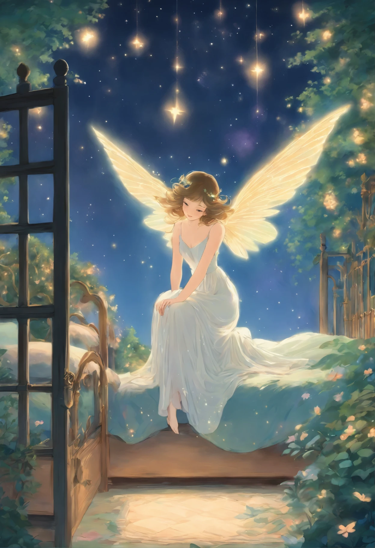 painting of a  sitting on a bed with a night sky background, a storybook illustration by Ida Rentoul Outhwaite, tumblr, fantasy art, flying fairies, flying angels, very magical and dreamy, fairy dust in the air, fairies, .. if only i could sleep, dreamy illustration, dreamy art, dreamy night, dreamy and ethereal, angels in the sky