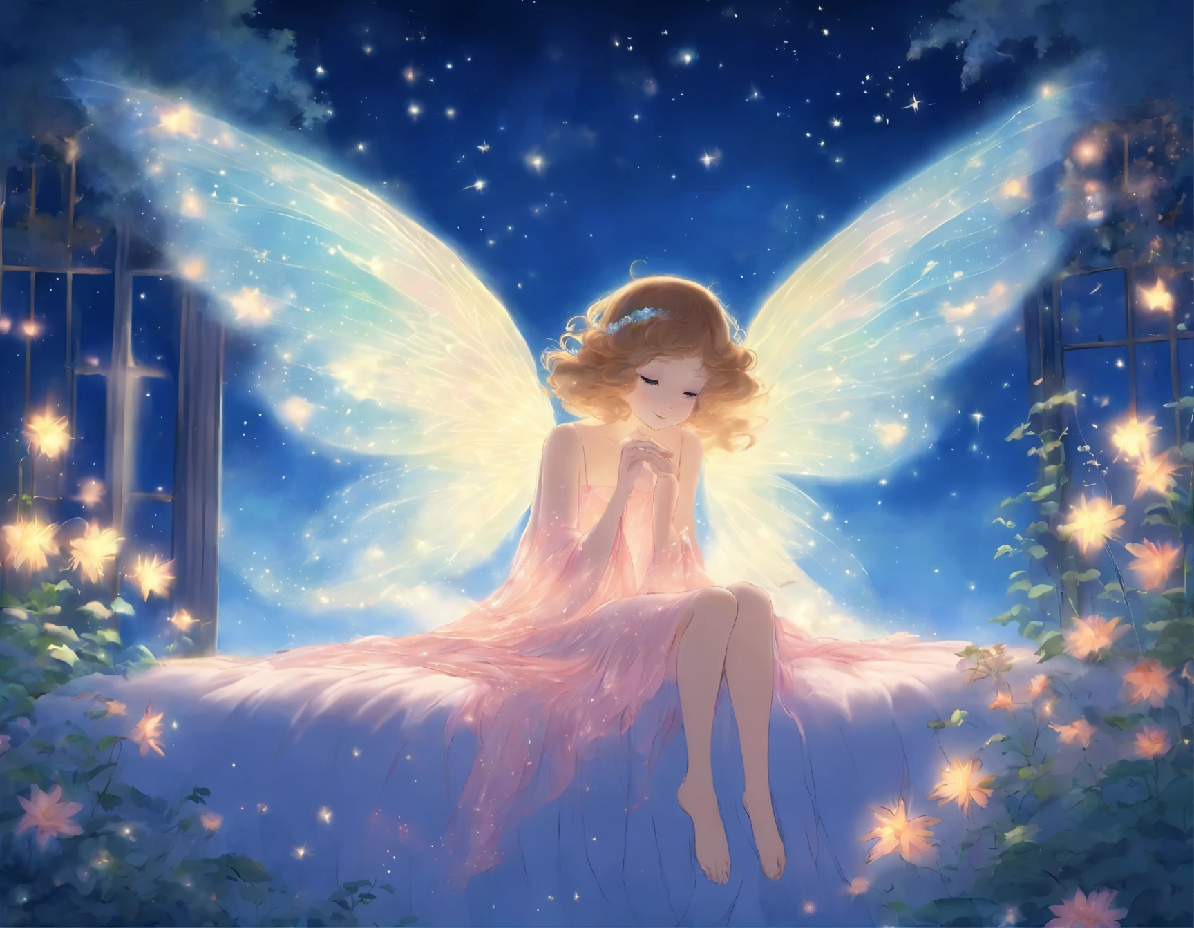 painting of a sitting on a bed with a night sky background, a storybook illustration by Ida Rentoul Outhwaite, tumblr, fantasy art, flying fairies, flying angels, very magical and dreamy, fairy dust in the air, fairies, .. if only i could sleep, dreamy illustration, dreamy art, dreamy night, dreamy and ethereal, angels in the sky