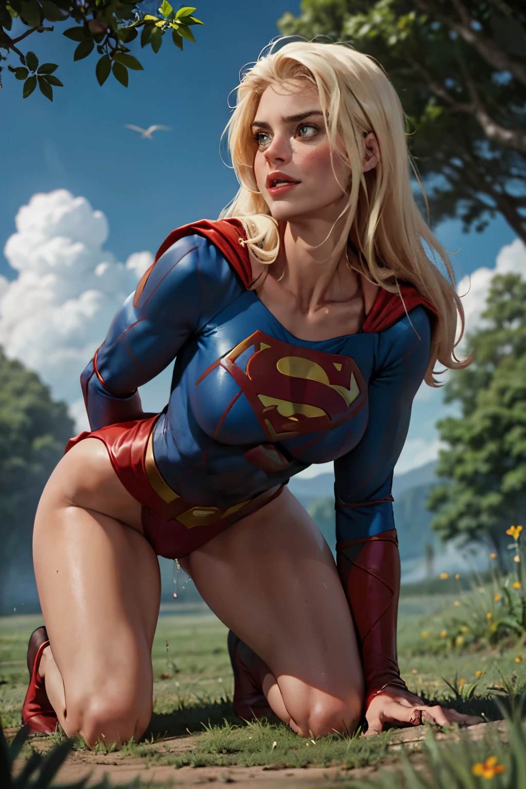 ((highest quality)), ((masterpiece)), (be familiar with), (High definition), (Realistic), (Realistic), (Best Shadow), Low contrast, (Complex:1.4), Side lighting, 8K, ((Helen Slator)), ((SUPER GIRL)), Perfect Face、Detailed、(Accurate hand and finger depiction)、Supergirl Women、Blonde、Voluptuous body、(Large Breasts:1.1)、Narrow waist、Big Ass、Alluring、glamorous、(Kneeling)、woman on top, Mouth open、(orgasm:1.0)、Flushing、sweating、On the grass、in the deep forest、wood々Surrounded by、blue sky、Front low angle