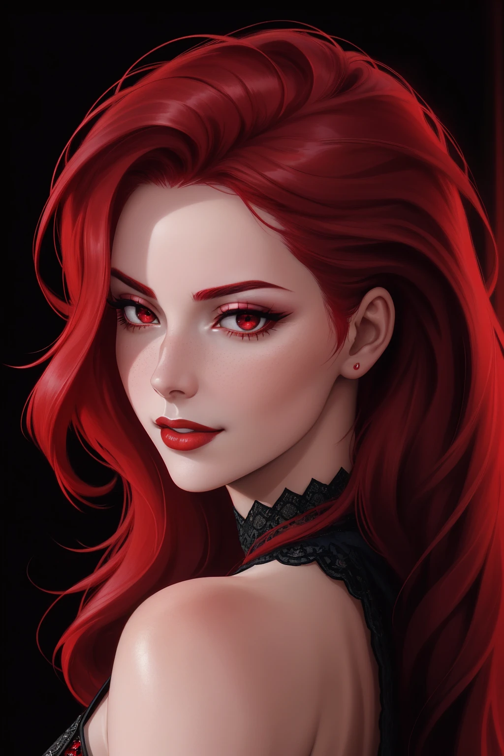 face close up, portrait shot, ((vivid red hair)), mature woman, 30 years old, diamond face, red starry sky background, depth of field, magic, big red lips, ((dark and red black eyes)) black and red long and full dress, covered chest, mystical atmosphere, ominous shadows, Intense blue aura, Intense red aura (best quality:1.2), absurdres, intricate details, (highly detailed skin:1.2), smile expression, posing, taut and well defined body, attractive. Highly realistic, pale skin, beautiful, hyperrealism, skin very elaborated, direct gaze, backwards, looking back