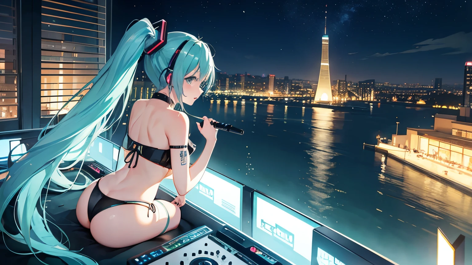 Hatsune Miku DJing、Bikini、The background is a beautiful night view、４K