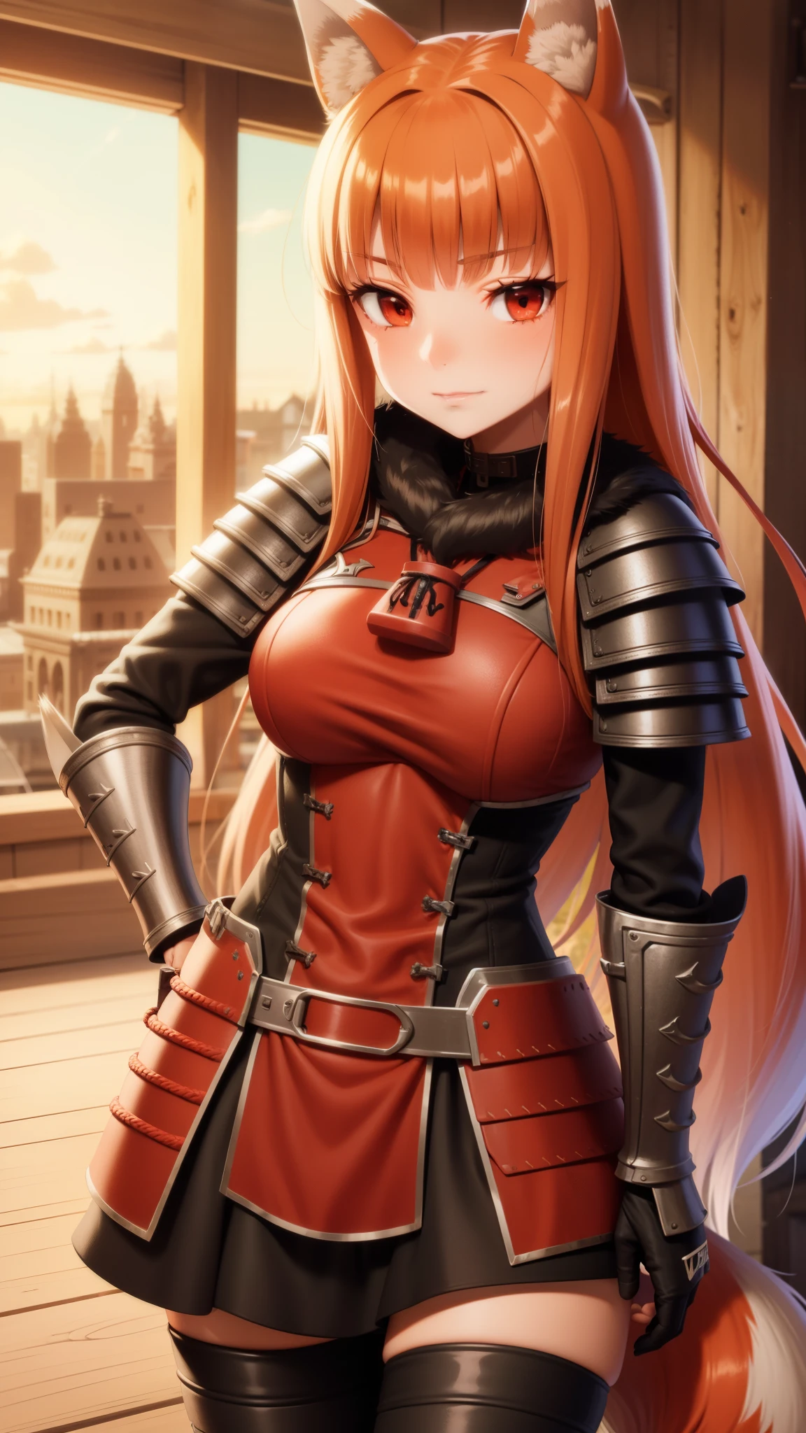 Ultra-detailed, HDR, UHD, ultra-fine painting, physical based rendering, extreme detail description, Professional, full-length portrait, landscape, style of Concept Artists, with a vibrant color palette, soft-lighting, 1girl, long hair, brown hair, animal ears, red eyes, wolf tail, necklace, ((wearing necromancer armor, black armor:1.35), (with wolf ears), (red wolf girl, Wolf Female), (muscular strong body), (body scars, damaged), seductive sexy pose