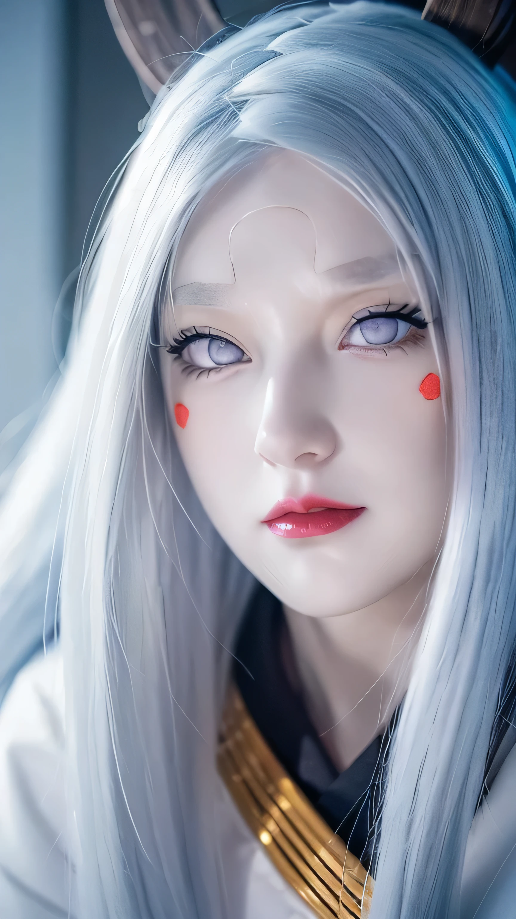 A close up of a doll with long white hair and horns - SeaArt AI