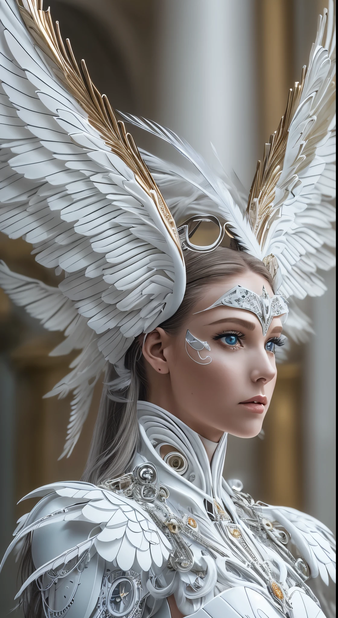 Close-up of a woman in a white dress with wings, Angel all over, Futuristic robot angel, Amazing angel wings, Angel Knight Gothic Girl, Angel in plastic armor, Intricate costume design, As the mysterious Valkyrie, Its whole body is made of white feathers,, Futuristic and fantastical, White Wings, Beautiful angel wings, Steampunk Angel, Beautiful cyborg angel girl, Graceful Wings