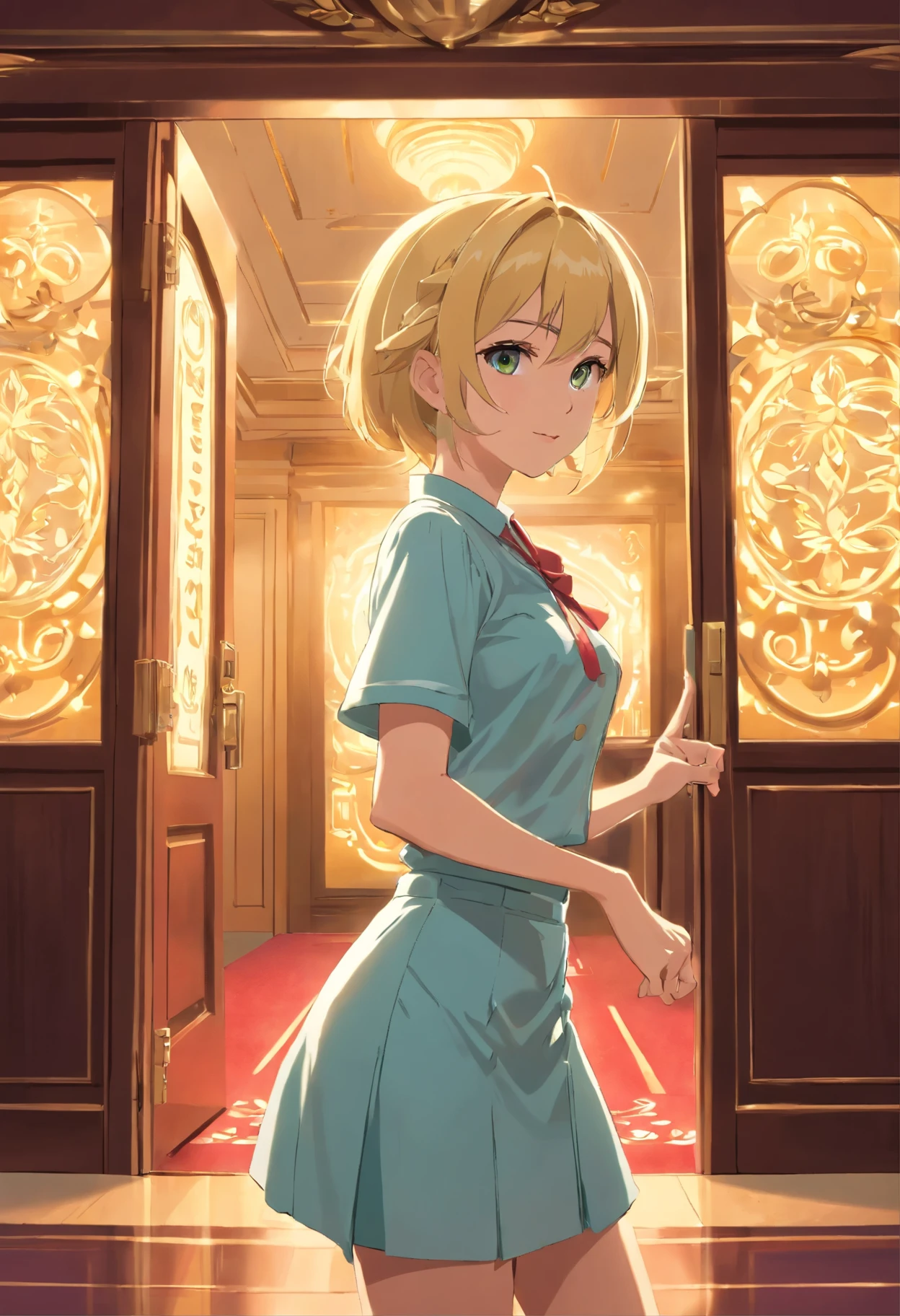 Blonde croupier girl wearing shirt greets guests by standing and pointing to the ornate main entrance door behind her