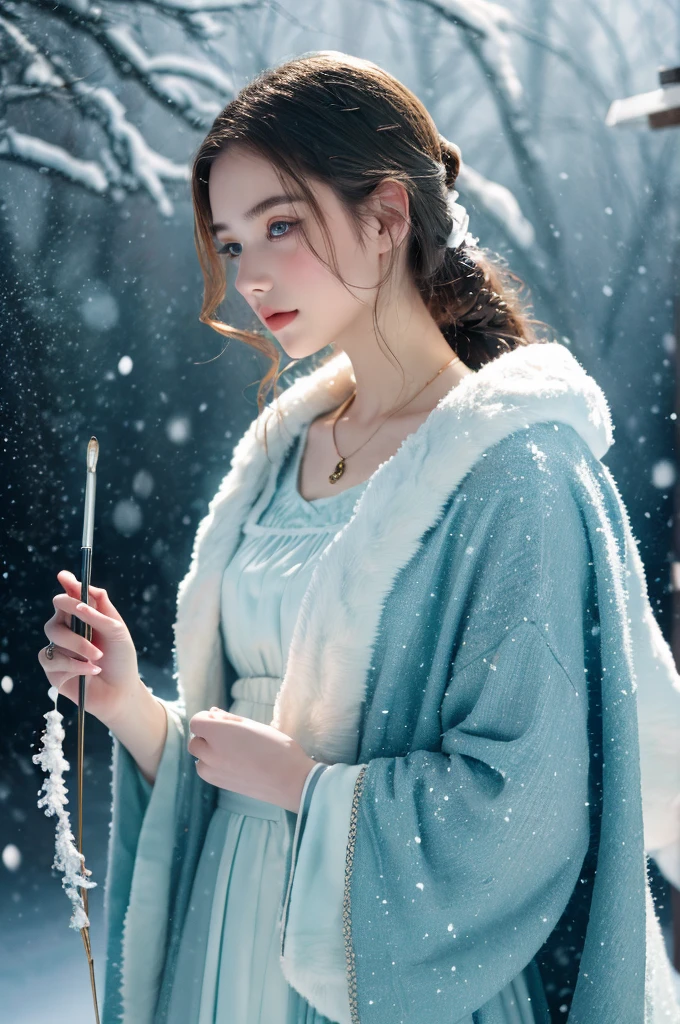 ( masterpiece, top quality, best quality,8k, girl,ultra detailed,raw photo:1.5),(photorealistic:1.4), (cinematic lighting), PerfectNwsjMajic, , Surrealism, UHD, ccurate, Super detail, textured skin, High detail, Best quality, dynamic angle, White skin,[Beautiful blue eyes], high nose,[flat chest:large breasts:0.5],(1girl),((good anatomy:0.5)), Dreamy atmosphere,expressive brush strokes, mystical ambiance, Artistic interpretation, Stunning Studio Ghibli style costumes, a whimsical illustration, Subtle colors and tones, mystical aura, jewelry, splendor ,snow storm