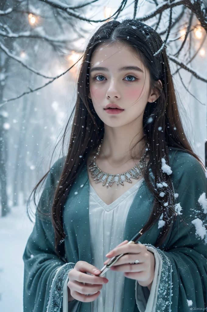 ( masterpiece, top quality, best quality,8k, girl,ultra detailed,raw photo:1.5),(photorealistic:1.4), (cinematic lighting), PerfectNwsjMajic, , Surrealism, UHD, ccurate, Super detail, textured skin, High detail, Best quality, dynamic angle, White skin,[Beautiful blue eyes], high nose,[flat chest:large breasts:0.5],(1girl),((good anatomy:0.5)), Dreamy atmosphere,expressive brush strokes, mystical ambiance, Artistic interpretation, Stunning Studio Ghibli style costumes, a whimsical illustration, Subtle colors and tones, mystical aura, jewelry, splendor, portrait, snow storm