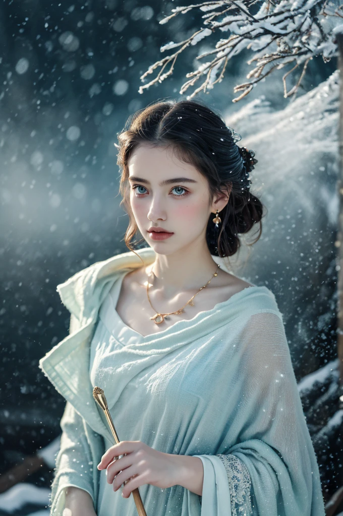 ( masterpiece, top quality, best quality,8k,17 years old girl,ultra detailed,raw photo:1.5),(photorealistic:1.4), (cinematic lighting), PerfectNwsjMajic, , Surrealism, UHD, ccurate, Super detail, textured skin, High detail, Best quality, dynamic angle, White skin,[Beautiful blue eyes], high nose,[flat chest:large breasts:0.5],(1girl),((good anatomy:0.5)), Dreamy atmosphere,expressive brush strokes, mystical ambiance, Artistic interpretation, Stunning Studio Ghibli style costumes, a whimsical illustration, Subtle colors and tones, mystical aura, jewelry, splendor, portrait, snow storm