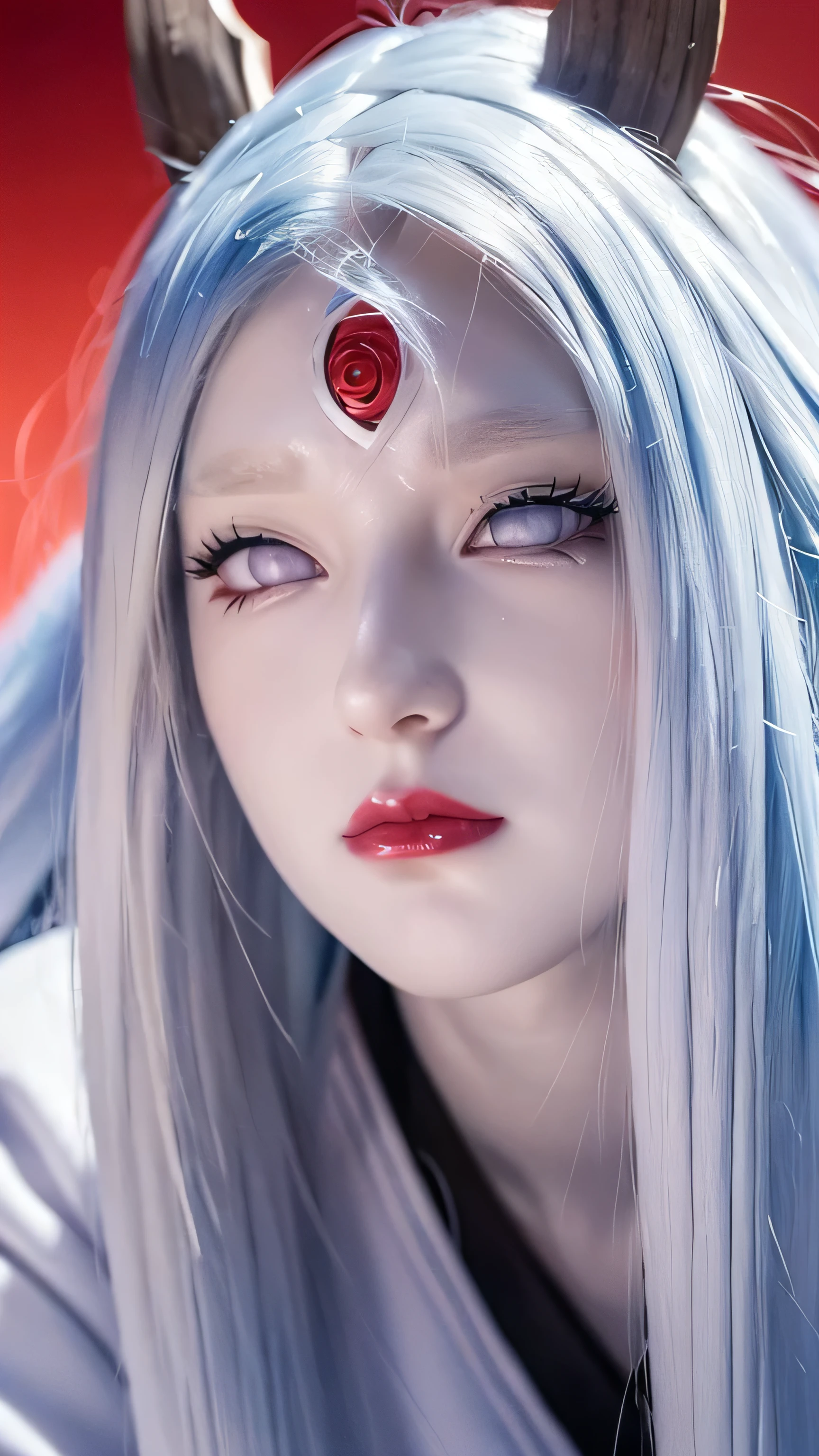 a close up of a person with long hair and a hoodie, otsutsuki kaguya, kaguya from anime naruto, as an anime character, perfect anime face, she has white hair with bangs, female anime character, anime character, anime best girl, hime cut hairstyle, white hair, (red glossy lips:1.3), white eyes, smile, city background, (beautiful face:1.3)