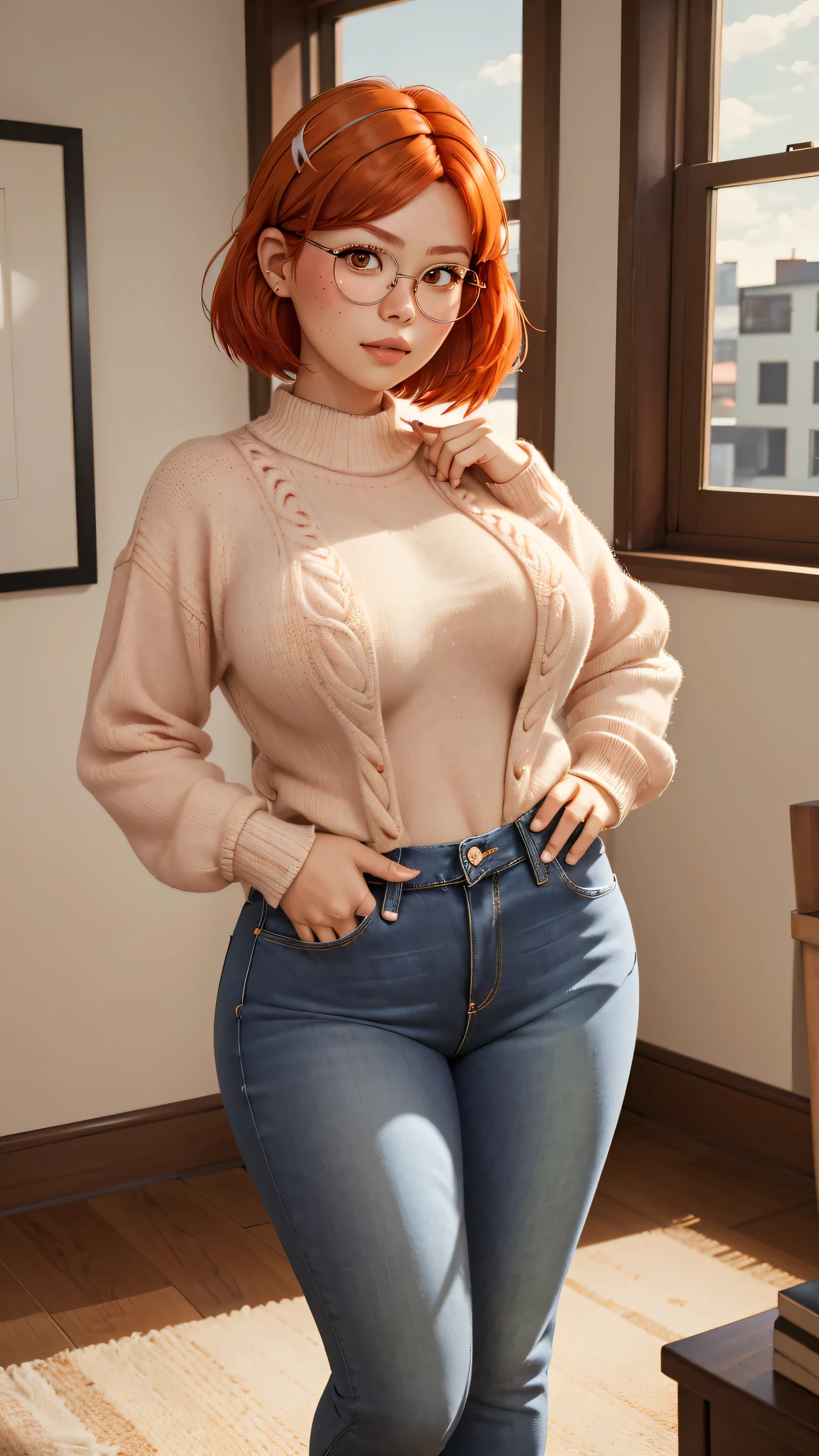 (best quality:1.4),(shiny skin), body focus, (cute face), (((best quality))), illustration, ((Beautiful Finger)), , Beautiful body, Beautiful character design, ,perfect lighting, Colorful, Bright_Front_face_Lighting, ultra high res, highres, absurdres:1.2, bokeh:1.2, lens flare, (vibrant_color:1.2), (Beautiful, large breasts:1.4), Meillin Lee as an adult, 30 years old, tight jeans,
Reddish-orange hair, red hairclip, circular glasses, (brown eyes:1.2), white sweater,(chubby:1), jeans, of small stature, indoors, palms, hand on hip, huge breasts, adult, full body view