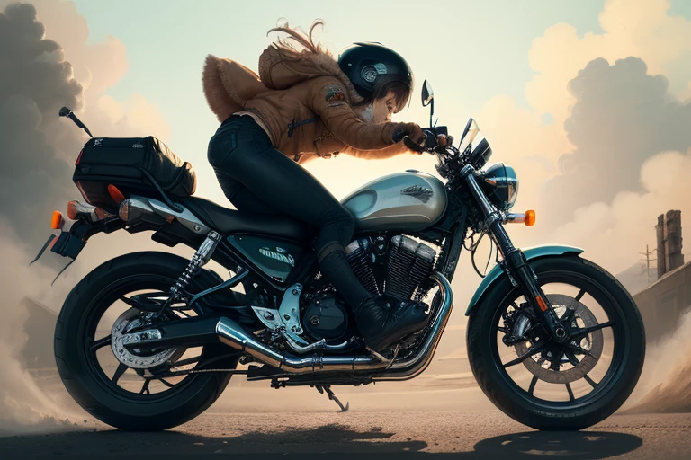 masterpiece, highest quality, One girl, (cigarette:1.0), Riding on motorcycle, View your viewers, ,Side view、
Tilt the bike sideways and slide、Applying the brakes,Put one foot out、Dust rises after braking、
