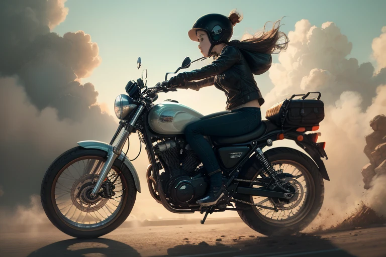 masterpiece, highest quality, One girl, (cigarette:1.0), Riding on motorcycle, View your viewers, ,Side view、
Tilt the bike sideways and slide、Applying the brakes,Put one foot out、Dust rises after braking、