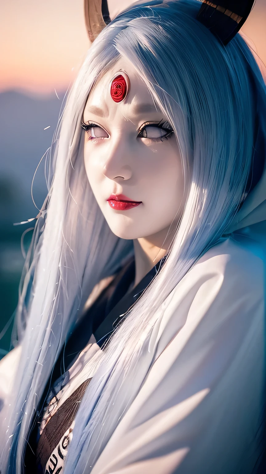 a close up of a person with long hair and a hoodie, otsutsuki kaguya, kaguya from anime naruto, as an anime character, perfect anime face, she has white hair with bangs, female anime character, anime character, anime best girl, hime cut hairstyle, white hair, (red glossy lips:1.3), white eyes, smile, city background, (beautiful face:1.3)