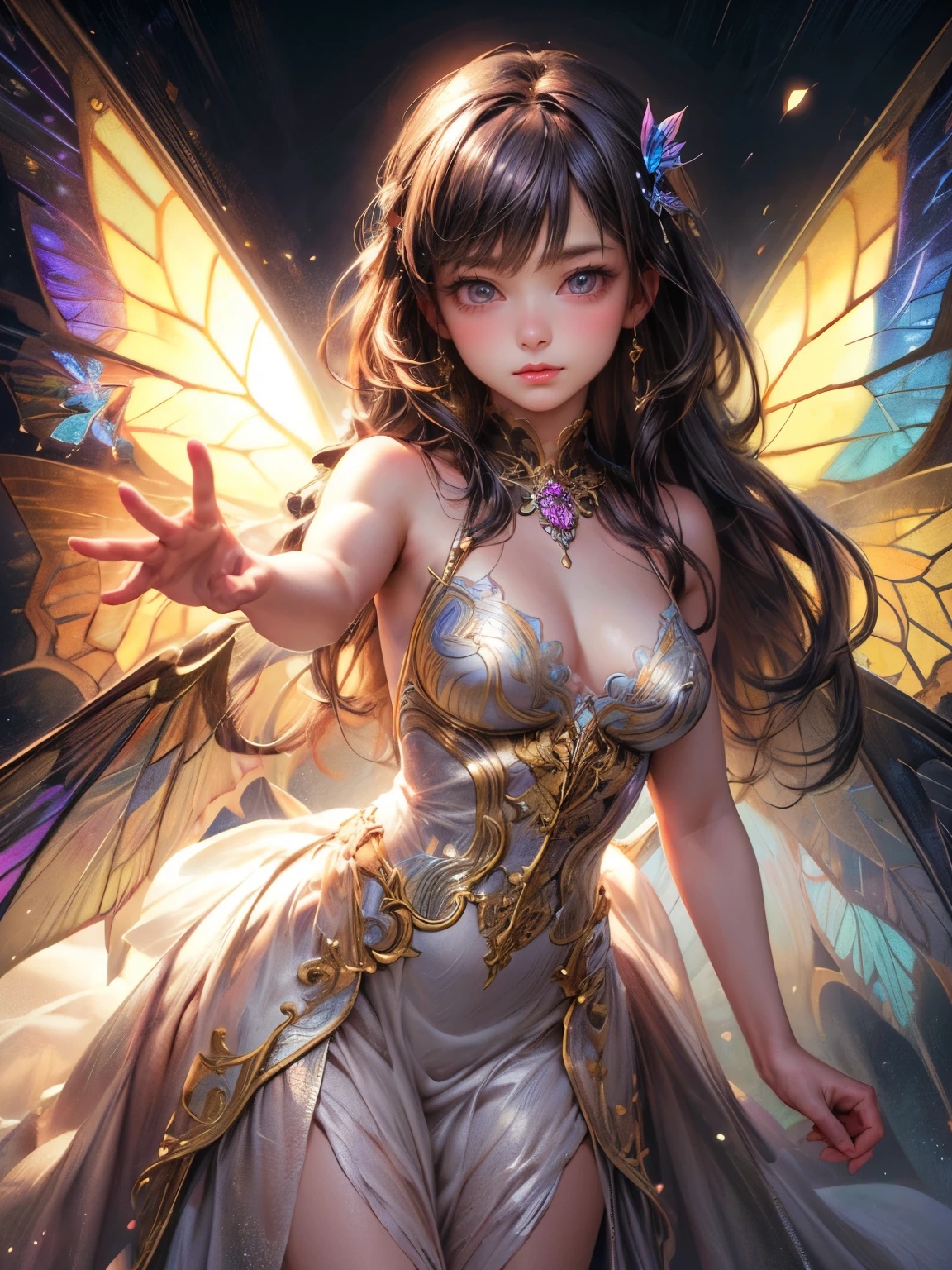 (masterpiece:1.2. 8k, best quality,highres, ultra-detailed, photorealistic:1.37),cute girl, sparkling eyes, shining lips, white dress, rainbow butterfly wings,standing in the snow,cute girl in a beautiful dress, beautiful fantasy, fantasy artwork, charming girl, highres art, beautiful art, 2.5D CGI fantasy artwork, extremely detailed art gem, dynamic posing:1.2, 