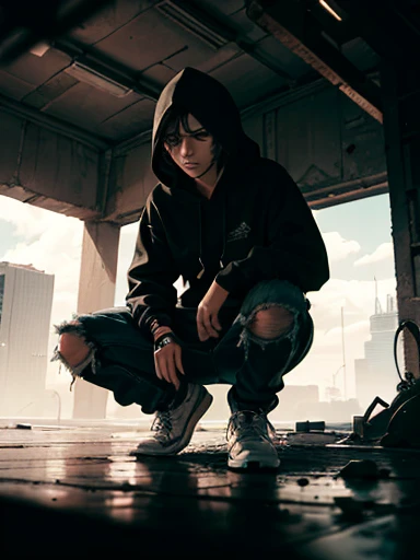 (Masterpiece, Emo, Top Quality, Best Quality, Official Art, Unique Perspective: 1.1), (One figure), Illuminati symbol etched on forehead, Deep, expressive, teary eyes, Long, curly black hair covering face, Hoodie wearer,Distressed jeans, Chunky sneakers,Faded, worn-out bedsheet as a backdrop, Emptiness in gaze, Textured, hyper-realistic skin, High resolution, Detailed, High contrast, Atmospheric perspective, Cinematic lighting, Dramatic shadows, Cryogenic tank visible in background, Suspenseful, Mysterious, Award-winning.