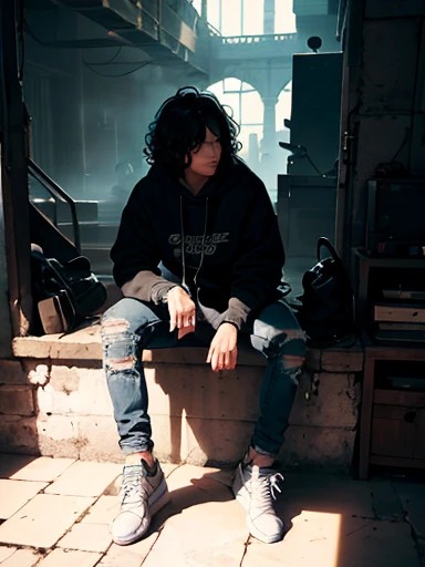 (Masterpiece, Emo, Top Quality, Best Quality, Official Art, Unique Perspective: 1.1), (One figure), Illuminati symbol etched on forehead, Deep, expressive, teary eyes, Long, curly black hair covering face, Hoodie wearer,Distressed jeans, Chunky sneakers,Faded, worn-out bedsheet as a backdrop, Emptiness in gaze, Textured, hyper-realistic skin, High resolution, Detailed, High contrast, Atmospheric perspective, Cinematic lighting, Dramatic shadows, Cryogenic tank visible in background, Suspenseful, Mysterious, Award-winning.
