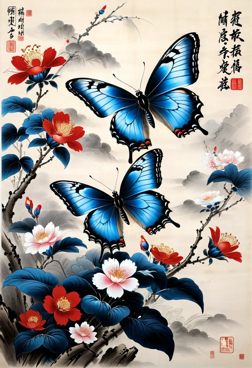 blue butterfly, (masterpiece, best quality, Professional, perfect composition, very aesthetic, absurdres, ultra-detailed, intricate details:1.3), by zhang daqian