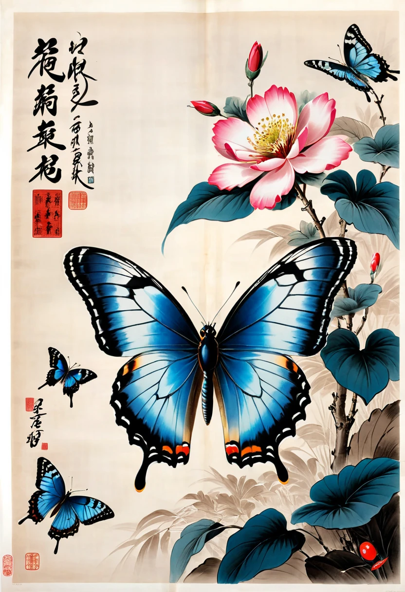 blue butterfly, (masterpiece, best quality, Professional, perfect composition, very aesthetic, absurdres, ultra-detailed, intricate details:1.3), by zhang daqian