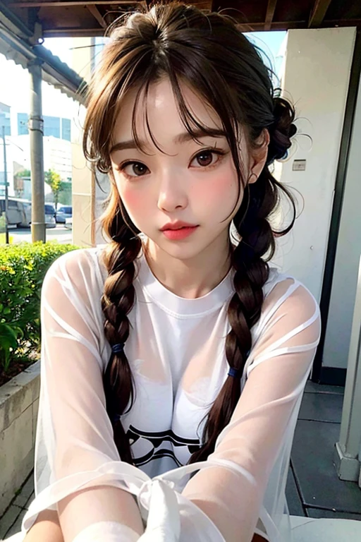 (Realistic、High resolution:1.3),(fashion:1.4),A street ensemble using see-through and surface materials,Hair Bun,Long Bangs,Curly Side Braids,Hair hanging down in front, White sneakers,