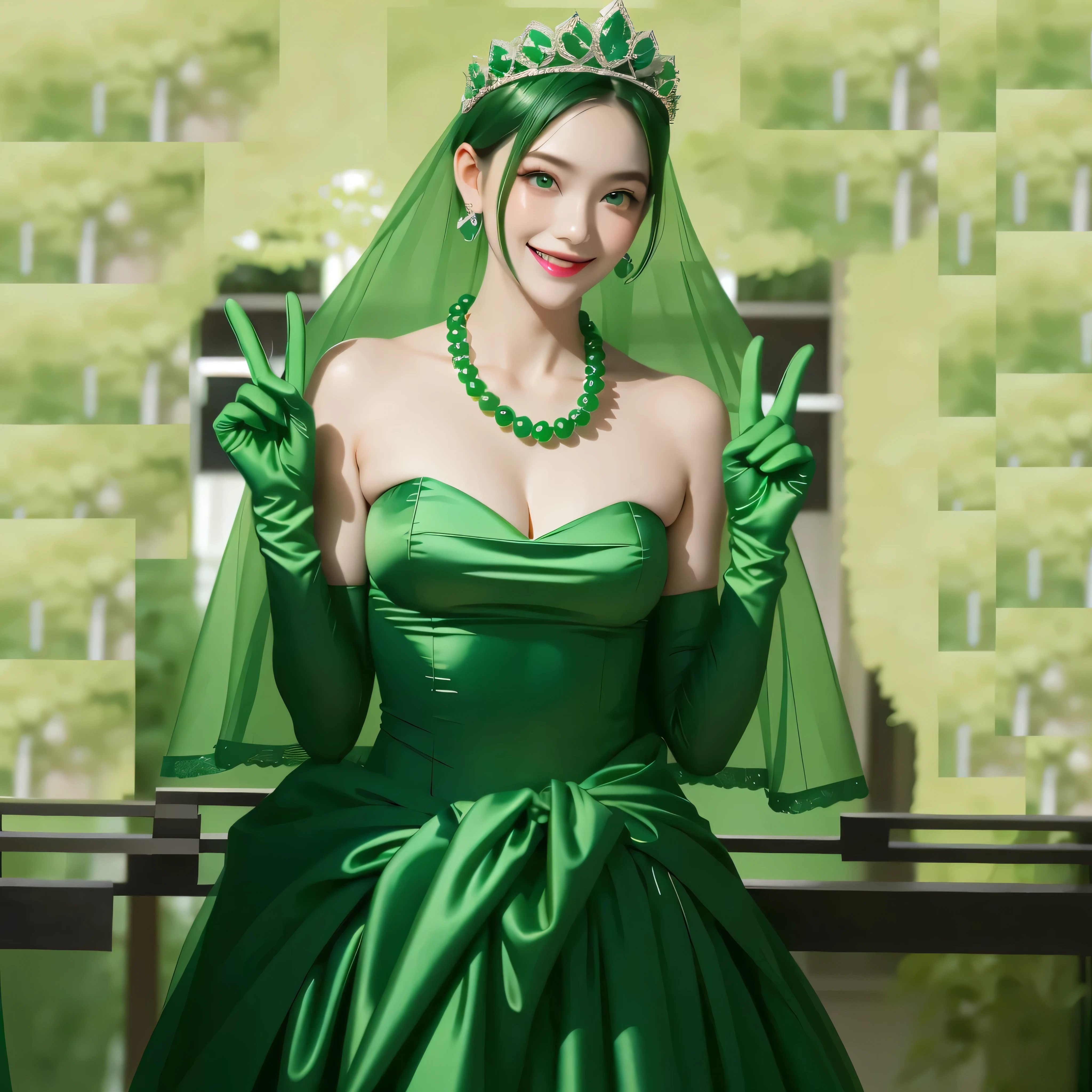 Emerald tiara, Green Pearl Necklace, Boyish Very Short Green Hair, Green Lips, Smiling Japanese woman, Very short hair, Busty beautiful lady, Green Eyes, Green satin gloves, Green Eyes, emerald earrings, Green veil, Heart with both hands, Green Hair, Beautiful Japanese Women, Heart shaped hands:1.3, green lip gloss