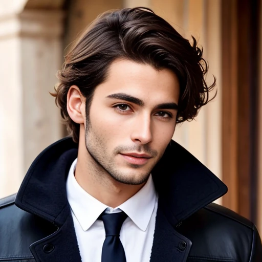   beautiful italian man, with brown hair focus on face