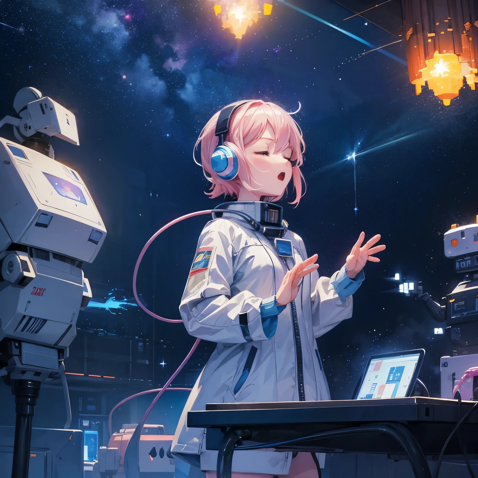 pixel art, wave net, voice, spark, stars, spaceship, future, past, time, space, cute, game, robot, live, concert, anime girl, closed eyes, singing, headphone