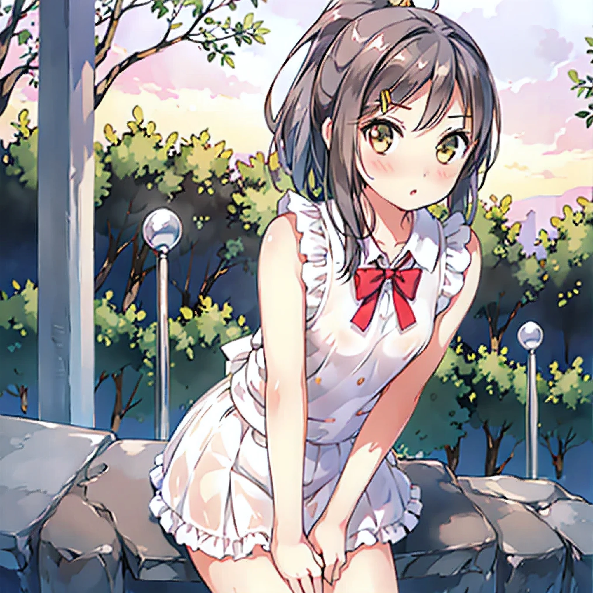 realistically, brown eyes, ponytail, glowing eyes, white short skirt, extra short skirt, Blush, daytime, Wet from the rain, see through, sleeveless shirt, nipples, pussy, crotch, embarrass, Sit with your knees raised, windy, Tsukiko Tsutsukakushi, the skirt is lifted up, highest quality, High resolution, highly detailed face, perfect lighting, perfect hands, perfect anatomy, armpit,