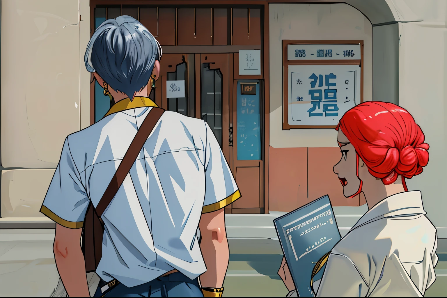 16-year-old girl from back with locks of white hair gold jewelry ro pas gold ignoring the teacher she is surprised and angry
