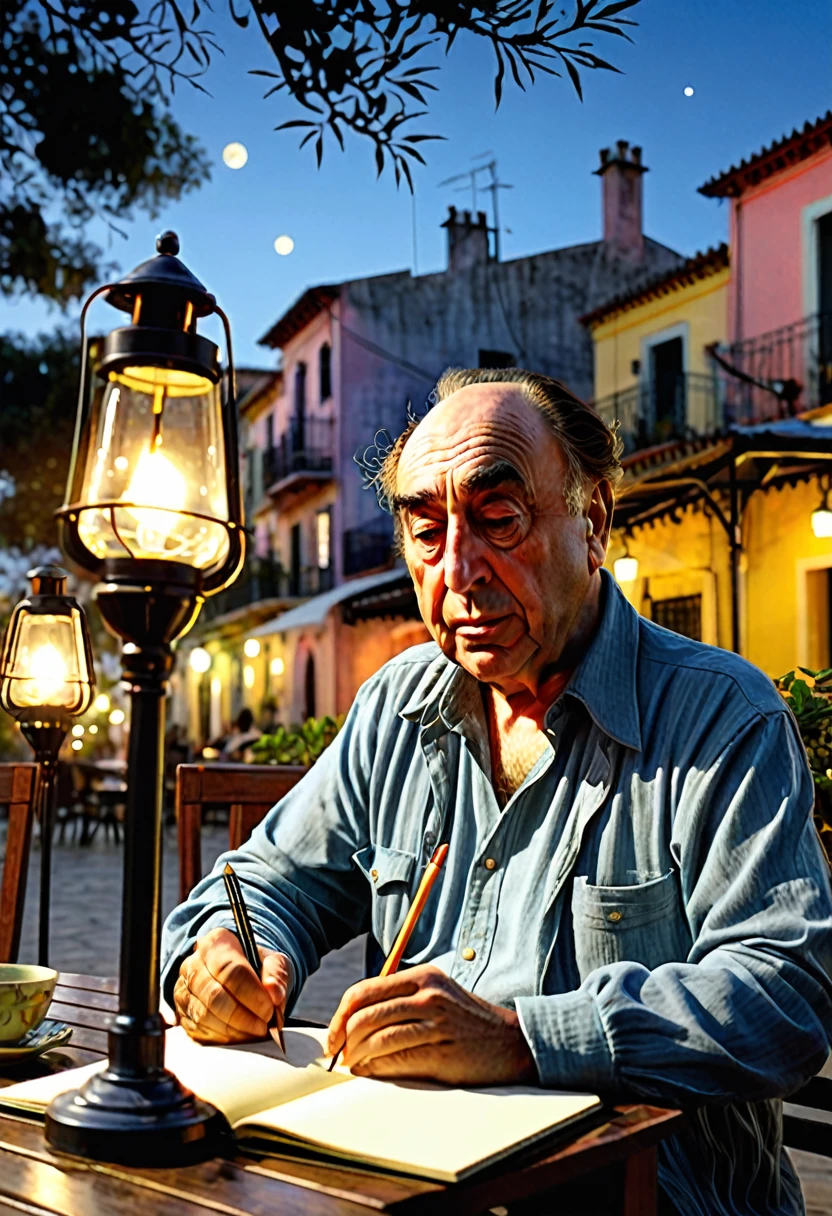 En el centro de la imagen, aparece un hombre que evoca la figura de Pablo Neruda, con un gesto concentrado mientras escribe en un cuaderno. He is sitting at a table outdoors, illuminated by a soft lamp that casts a warm light on the open notebook. Sobre el cuaderno, se ven palabras escritas a mano con tinta, representando los versos del "Poema 20".El cielo nocturno es profundo y estrellado, con las estrellas titilando en tonos azules y plateados, creando un ambiente sereno y contemplativo. La luna brillante resalta en el cielo, providing an atmosphere of melancholy and romanticism. The poet is immersed in his creative work, inspirado por la belleza y el misterio del cielo estrellado que lo rodea.Junto al cuaderno, hay una rosa roja delicadamente colocada, simbolizando el amor apasionado descrito en el poema. The environment is intimate and reflective, invitando a contemplar las emociones profundas expresadas en las palabras del poeta.