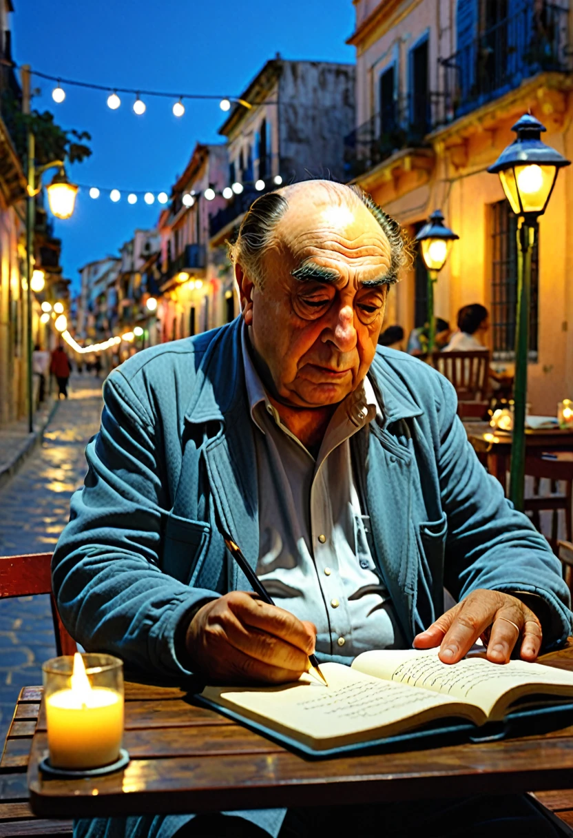 En el centro de la imagen, aparece un hombre que evoca la figura de Pablo Neruda, con un gesto concentrado mientras escribe en un cuaderno. He is sitting at a table outdoors, illuminated by a soft lamp that casts a warm light on the open notebook. Sobre el cuaderno, se ven palabras escritas a mano con tinta, representando los versos del "Poema 20".El cielo nocturno es profundo y estrellado, con las estrellas titilando en tonos azules y plateados, creando un ambiente sereno y contemplativo. La luna brillante resalta en el cielo, providing an atmosphere of melancholy and romanticism. The poet is immersed in his creative work, inspirado por la belleza y el misterio del cielo estrellado que lo rodea.Junto al cuaderno, hay una rosa roja delicadamente colocada, simbolizando el amor apasionado descrito en el poema. The environment is intimate and reflective, invitando a contemplar las emociones profundas expresadas en las palabras del poeta.