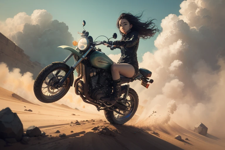 masterpiece, highest quality, One girl, (cigarette:1.0), Riding on motorcycle, View your viewers, , 、
Tilt the bike sideways and slide、Applying the brakes,Put one foot out、Dust rises after braking、