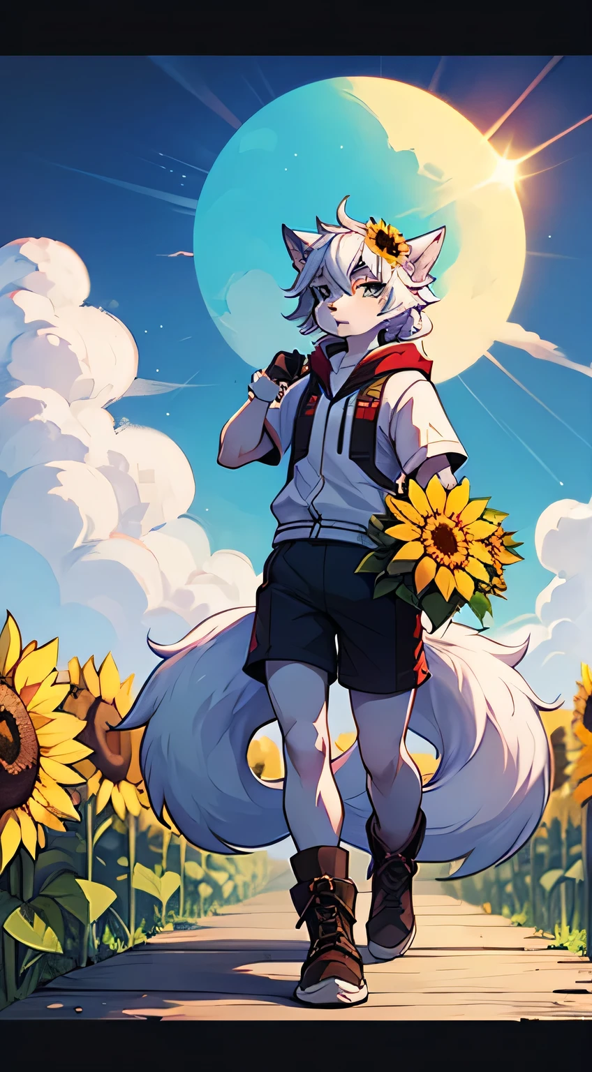 Sunflower wreath, Furry white gradient blue wolf man, Juvenile Body Type,Sunflower bouquet,Red headphones,Sun protective clothing,Big Tail,Medium-length hair,White Socks,High-top boots