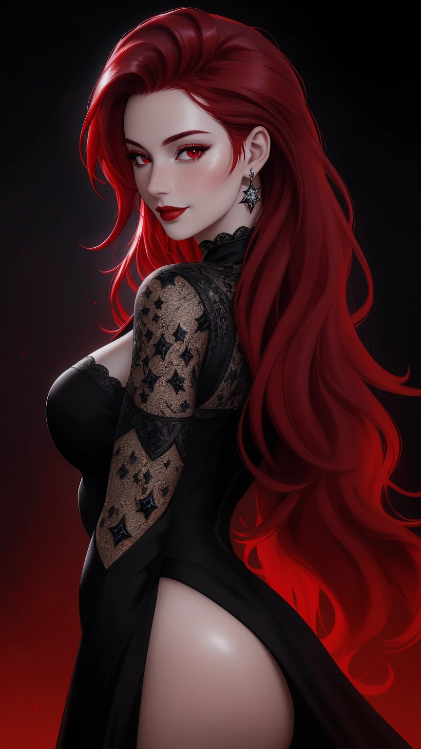(Masterpiece - Ultra-Detailed, High Resolution) ((vivid red hair)), mature woman, 30 years old, diamond face, red starry sky background, depth of field, magic, big red lips, ((dark and red black eyes)) black and red long and full dress, covered chest, mystical atmosphere, ominous shadows, Intense blue aura, Intense red aura (best quality:1.2), absurdres, intricate details, (highly detailed skin:1.2), smile expression, posing, taut and well defined body, attractive. Highly realistic, pale skin, beautiful, hyperrealism, skin very elaborated, direct gaze, backwards, looking back