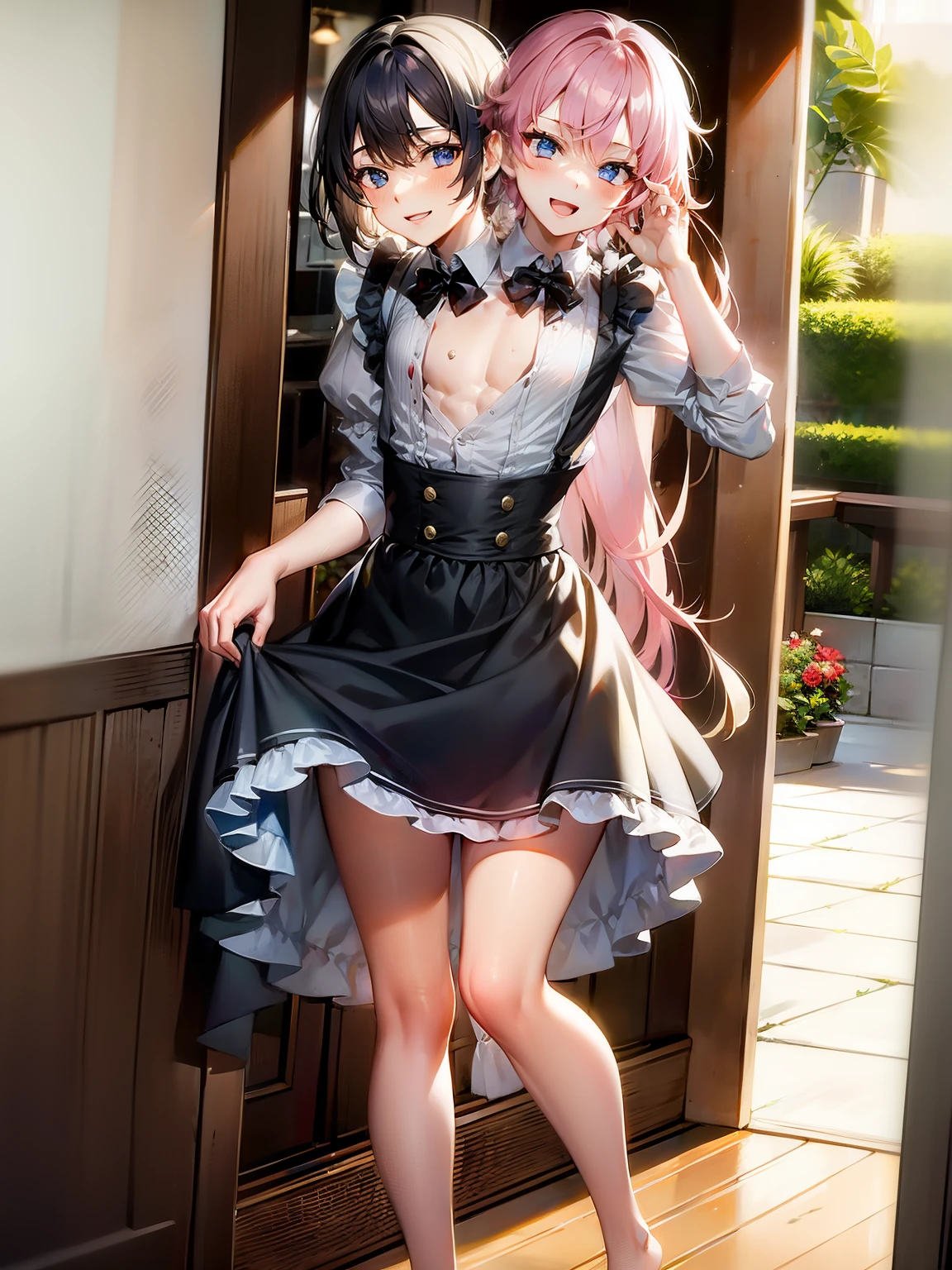 (2heads:1.3), (1boy:1.6), (male female couple), long pink hair, short black hair, cute, (masculine:1.4), (masterpiece), (high quality), (best resolution), :D, cute face, looking at viewer, barefoot, skirt lift, maid, maid uniform, apron, skirt, (masculine chest), detailed faces, beautiful faces, long skirt