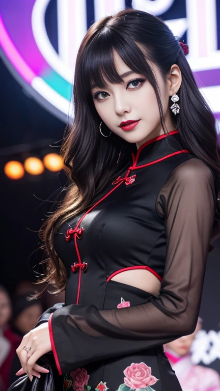 ltra-detailed、Japanese、attractive beauty、seductive adult woman、pretty woman、piercing eyes、cool girl、wavy hair、swept bangs、Long Black Cheongsam、wide sleeves、Evil cadres、evil depravity、brainwash、mind control、apply lipstick、smirk、Evil expression、evil、empty eyes、evil、stage、vampire、vampire、Hypnosiakeup brush