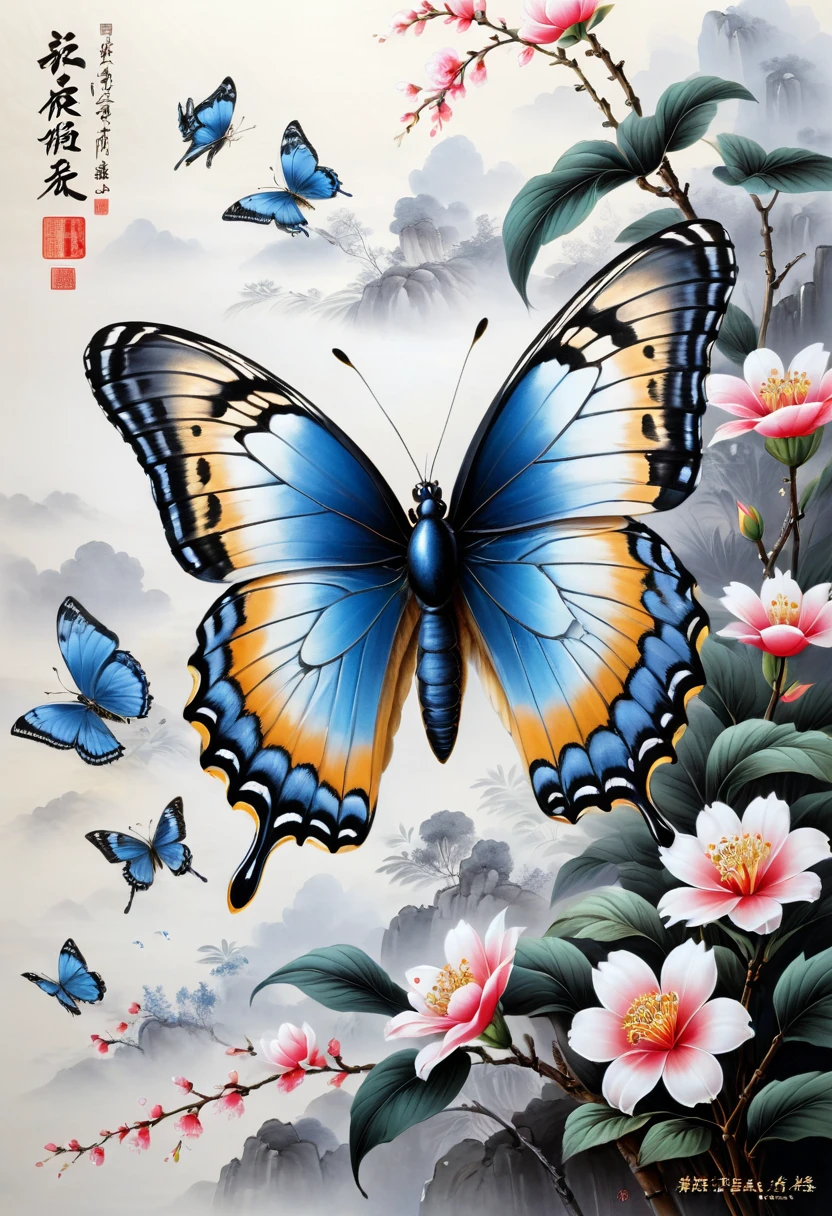 blue butterfly, (masterpiece, best quality, Professional, perfect composition, very aesthetic, absurdres, ultra-detailed, intricate details:1.3), by wu daozi